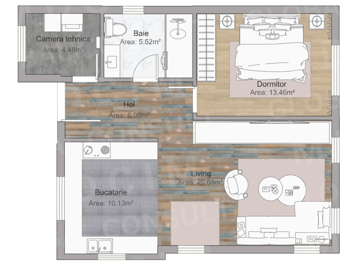 Plan parter mobilat – casa mica ieftina 61 mp cu living, dormitor, bucatarie, baie, camera tehnica